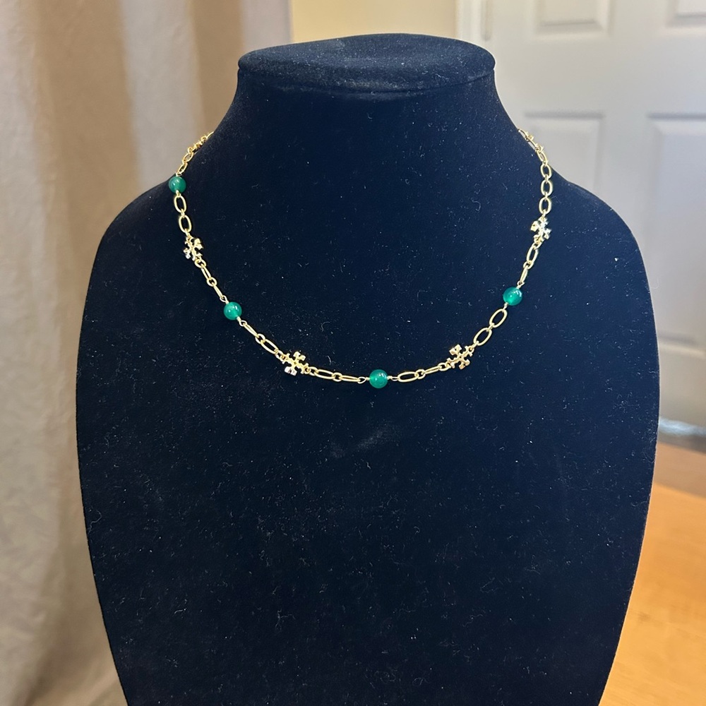 Tory Burch Gold and Green Gemstone Necklace